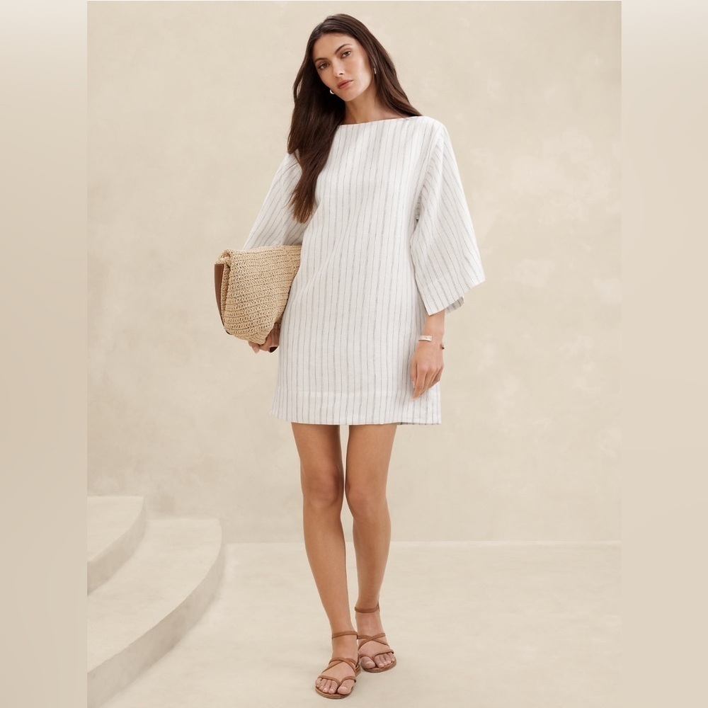 NWT Banana Republic Ella Linen mini Dress White Striped Size 10 Tall.